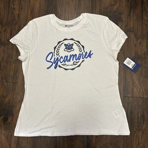 Indiana State SYCAMORES Champion T Shirt White Blue logo Women XL NWT